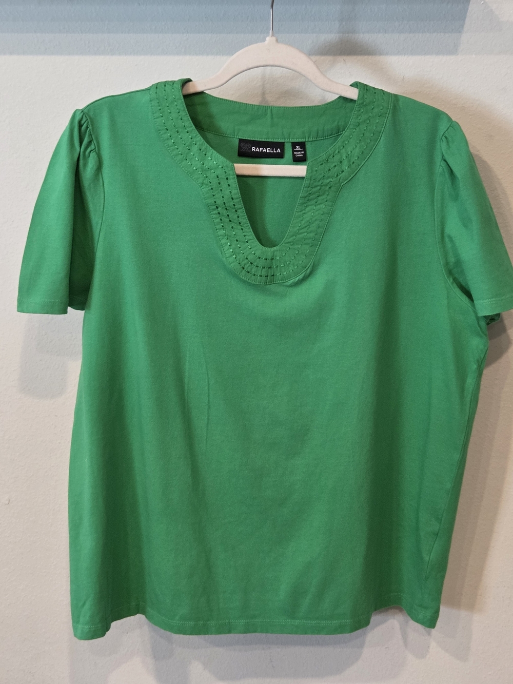 Rafaella Bright Green Short Sleeve Knit Top with Notched Neck